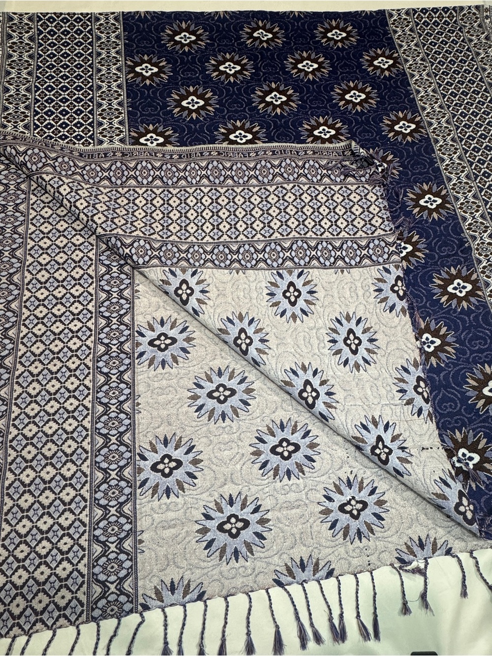 Woven Fringed Floral Sofa Reversible Throw /khaas Blue/Gray Cotton appx 51"x96"